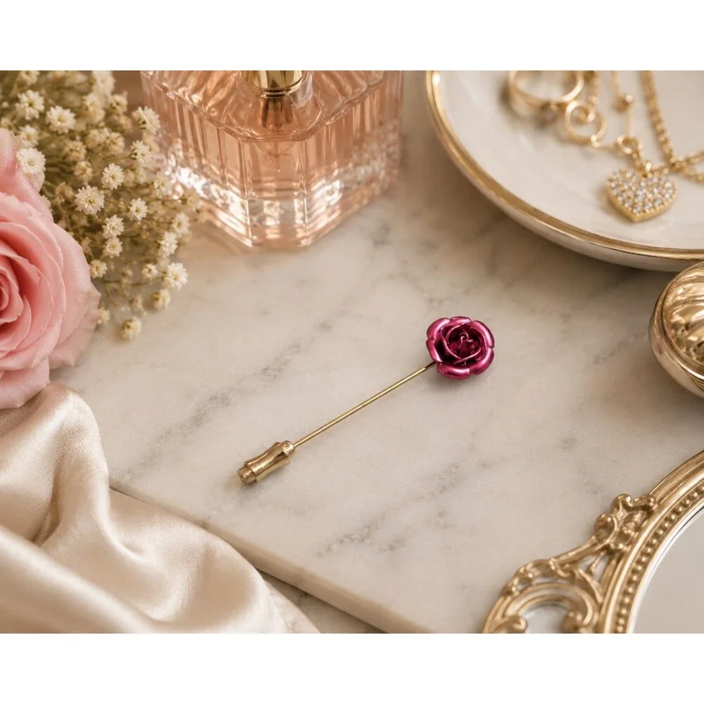 Vintage Pink Rose Stick Pin Brooch, Gold Tone Lapel Pin, Floral Hat Pin